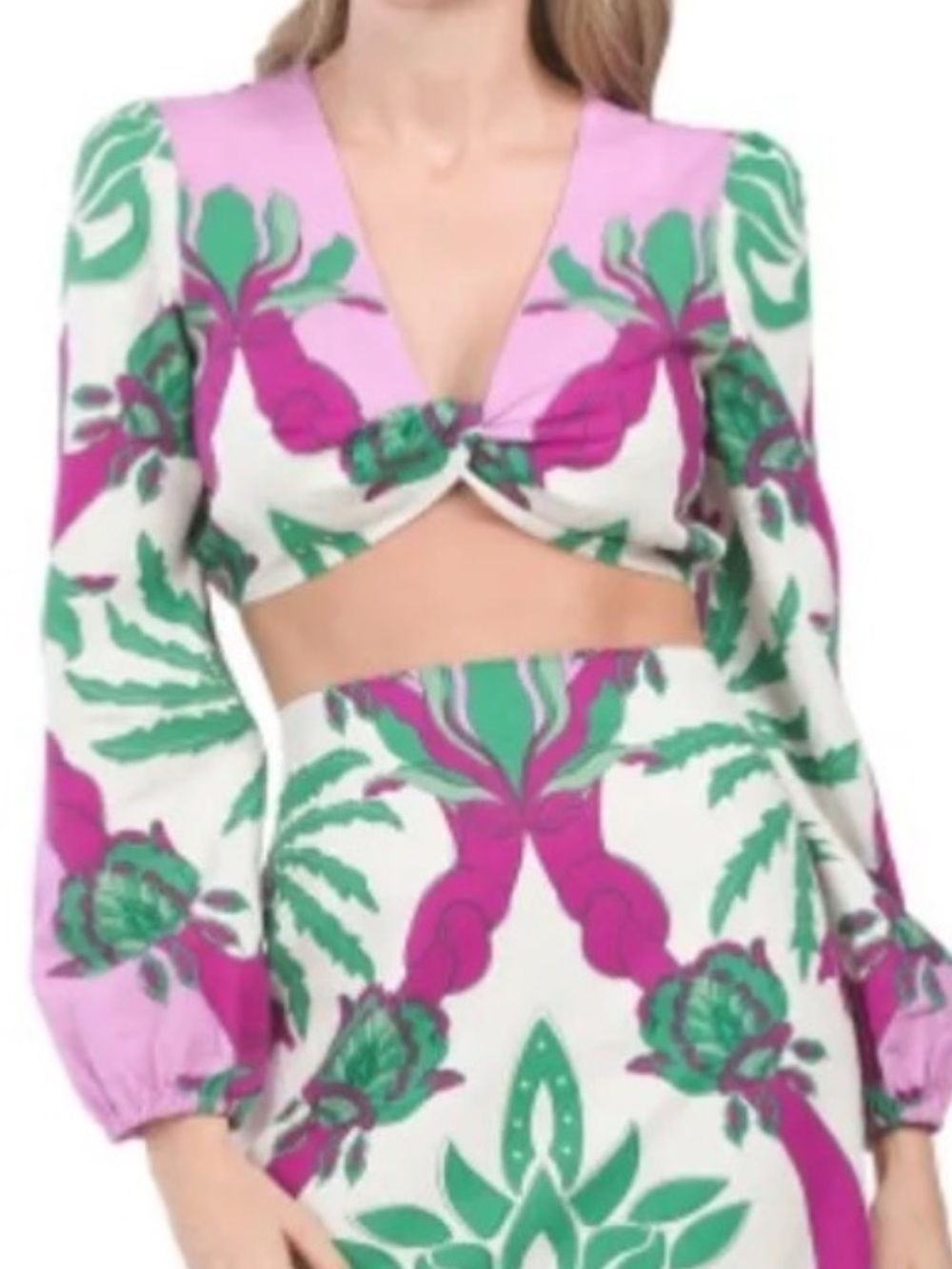 Caroline Constas Linen Blend Palm Printed Twist Front Crop Top Small NWT